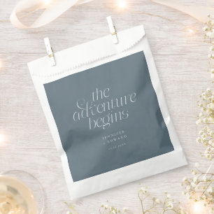 The Adventure Begins Slate Blue Minimalist Wedding Favour Bag