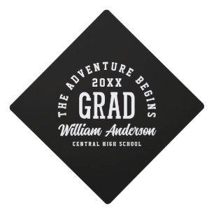 The Adventure Begins Varsity Typography Script Graduation Cap Topper