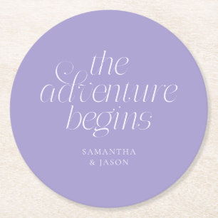 The Adventure Begins Violet Wedding Round Paper Coaster