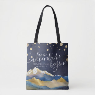 The Adventure Begins Watercolor Mountains Wedding Tote Bag