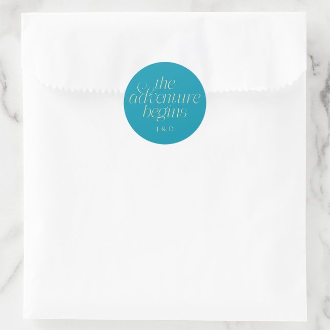 The Adventure Begins Wedding Aqua Blue Classic Round Sticker (Bag)