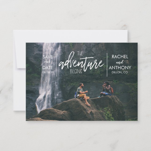 The Adventure Begins | Wedding Save the Date Photo (Front)