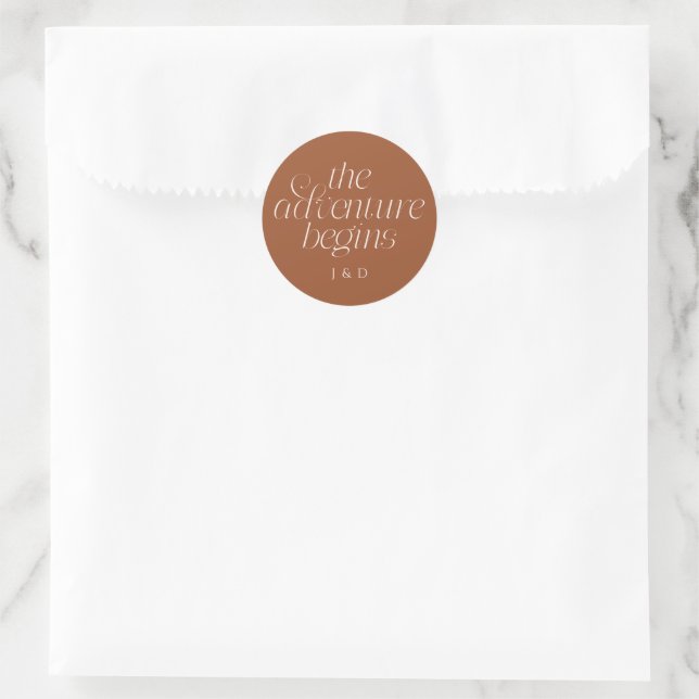 The Adventure Begins Wedding Terracotta Classic Round Sticker (Bag)
