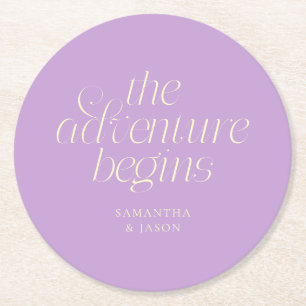 The Adventure Begins Wisteria Wedding Round Paper Coaster