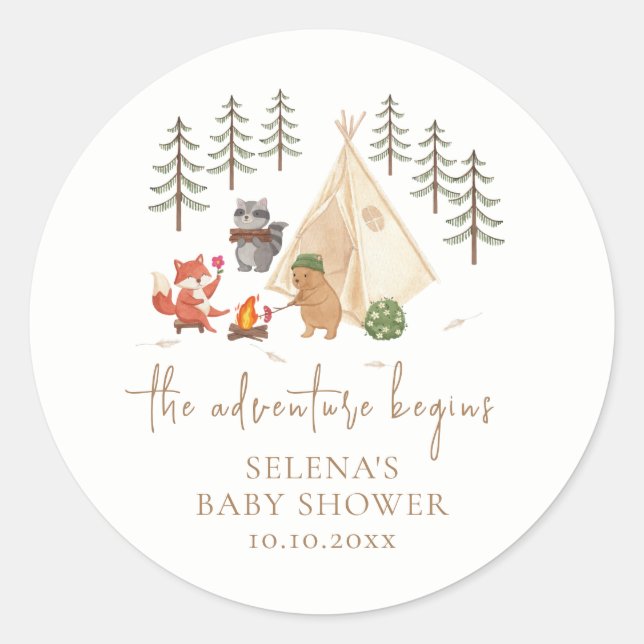 The Adventure Begins Woodland Baby Shower Classic Round Sticker (Front)