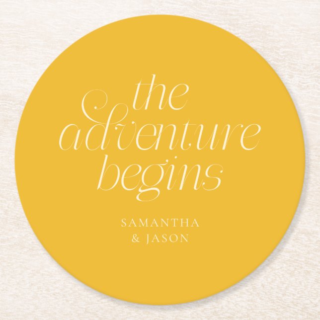 The Adventure Begins Yellow Wedding Round Paper Coaster (Front)