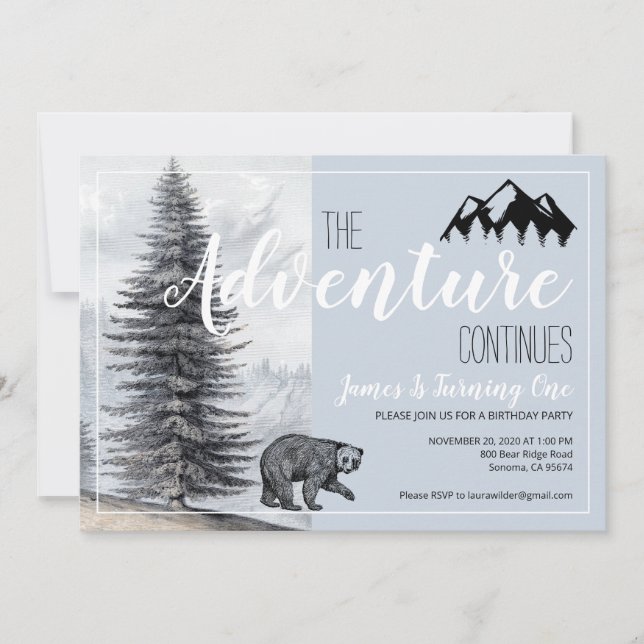 The Adventure Continues Woodland Bear 1st Birthday Invitation (Front)