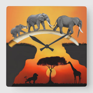 THE AFRICAN ELEPHANT FAMILY SQUARE WALL CLOCK