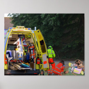 The ambulance arrives at the crash site. poster
