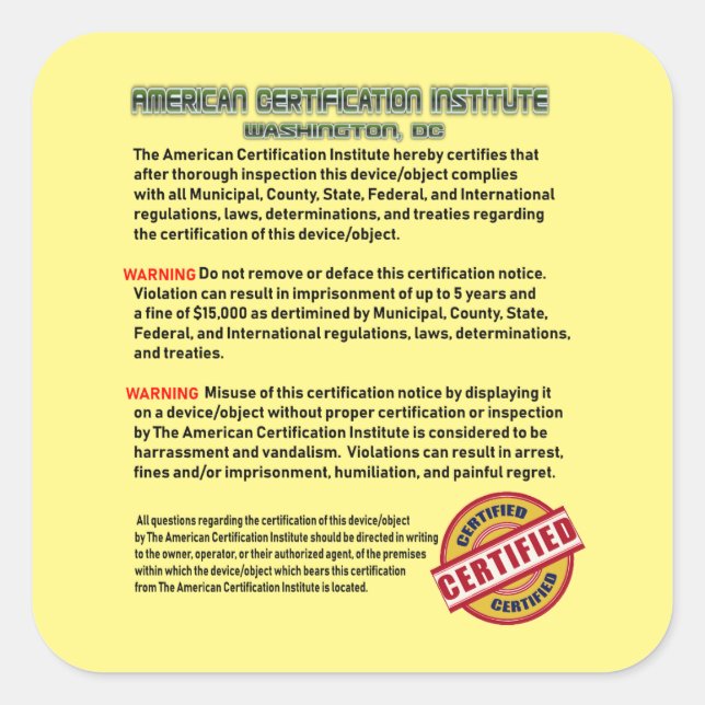 The American Certification Institute Square Sticker (Front)