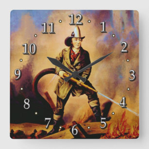 The American Fireman Victorian Firefighter Style 1 Square Wall Clock