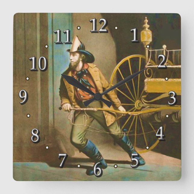 The American Fireman Victorian Firefighter Style 2 Square Wall Clock (Front)