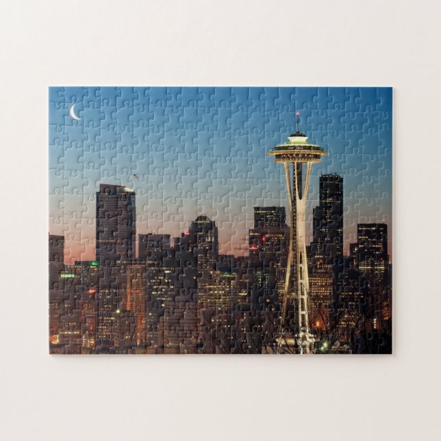 The American flag flies between the rising moon Jigsaw Puzzle (Horizontal)