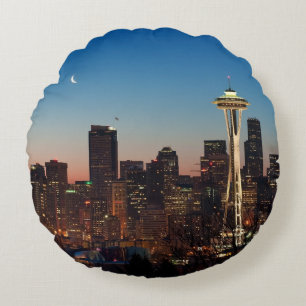 The American flag flies between the rising moon Round Pillow