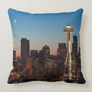 The American flag flies between the rising moon Throw Pillow