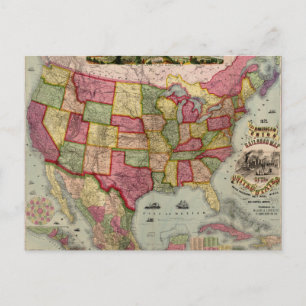 The American Union Railroad Map of the USA, 1872 Postcard