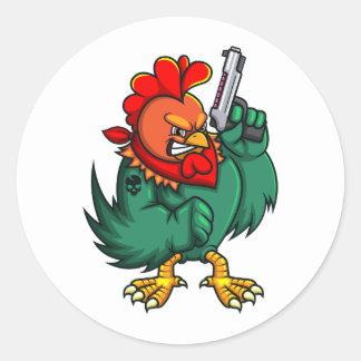 the angry rooster holding gun classic round sticker