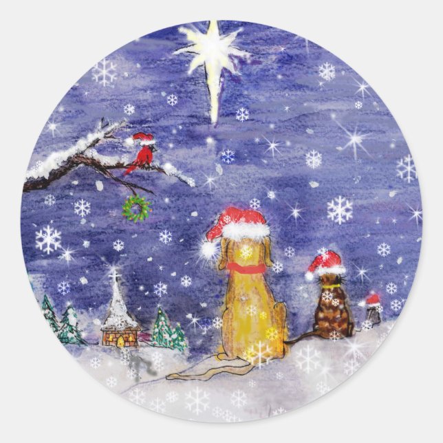 The Animals Christmas Even Watercolor Art Classic Round Sticker (Front)