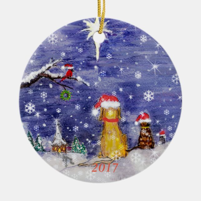 The Animals' Christmas Watercolor 2017 Ceramic Ornament (Front)