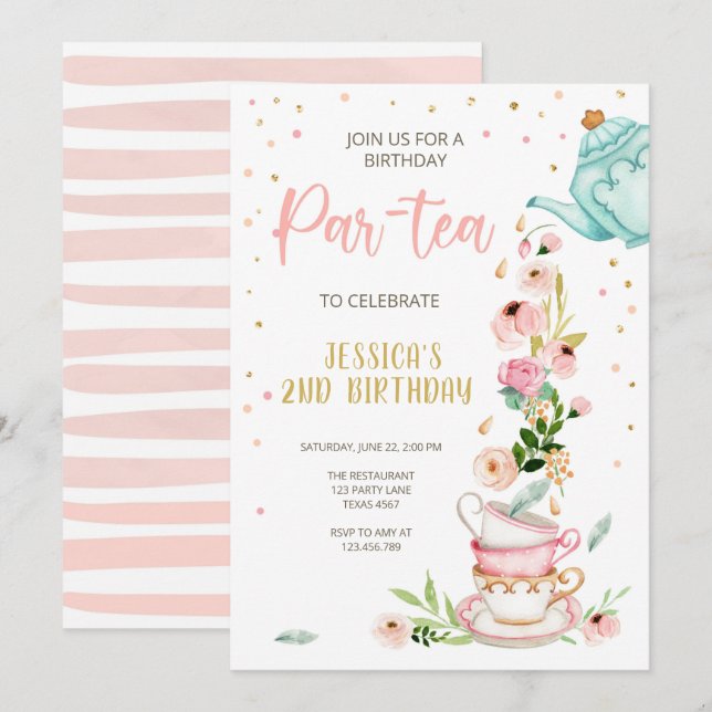 Thé Anniversaire Invitation Fille Fête Par Thé Flo (Devant / Derrière)