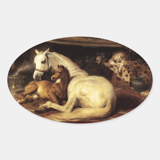 THE ARAB TENT WITH HORSES ,OTHER ANIMALS OVAL STICKER (Front)
