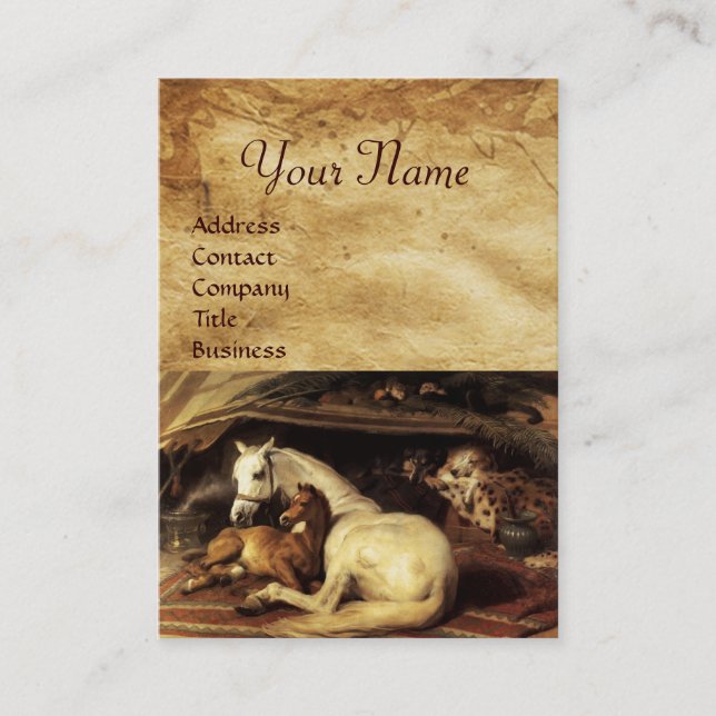 THE ARAB TENT WITH HORSES ,OTHER ANIMALS Parchment Business Card (Front)