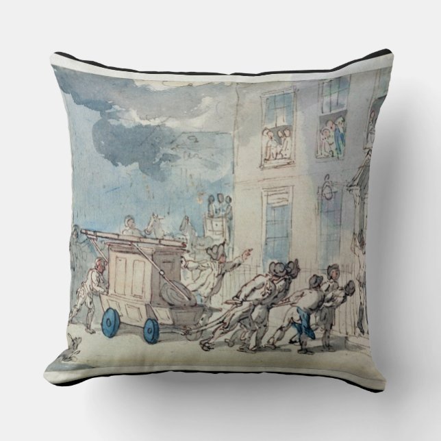 The Arrival of the Fire Engine (w/c, pen and ink, Throw Pillow (Front)