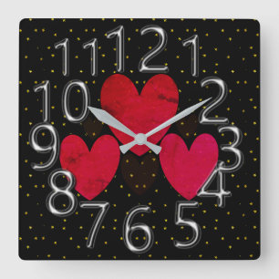 The-Art-of-Time Silver & Gold Stars w/ Red Hearts Square Wall Clock