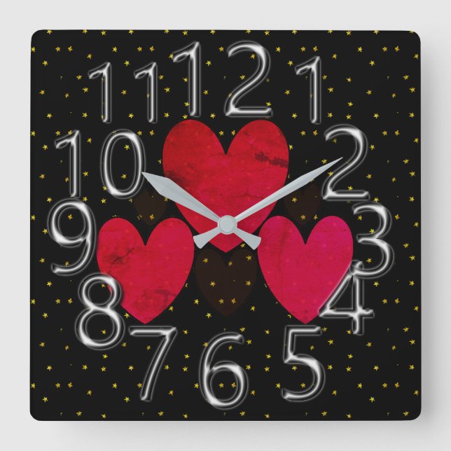 The-Art-of-Time Silver & Gold Stars w/ Red Hearts Square Wall Clock (Front)