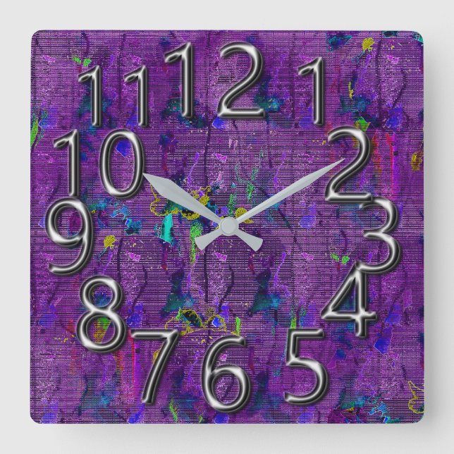 The-Art-of-Time_Splatter-Cloth-Purple-Chrome Square Wall Clock (Front)