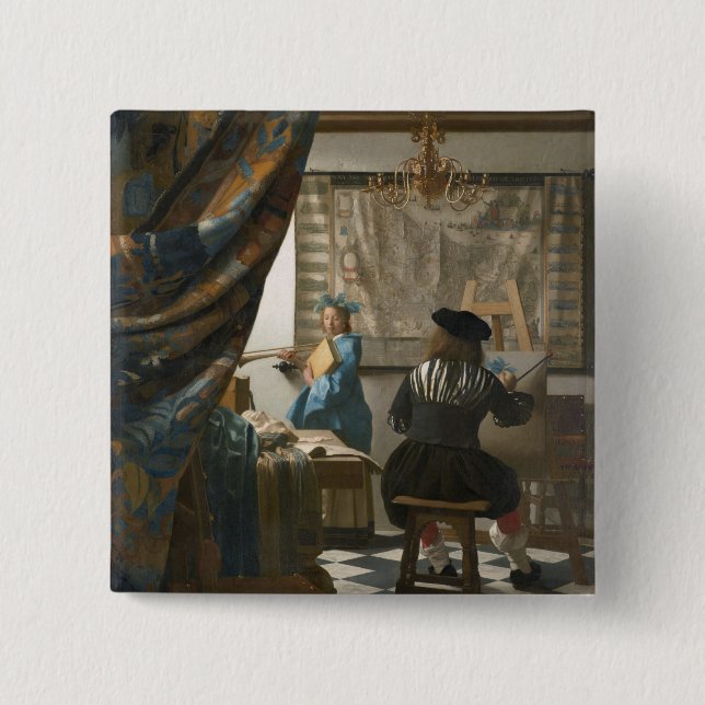 The Artist's Studio, c.1665-66 (oil on canvas) 2 Inch Square Button (Front)
