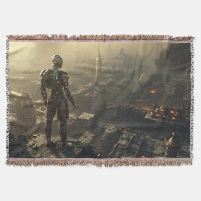 The Ascendant Guardian: Cyberpunk Sci Fi Art Throw Blanket (Front)