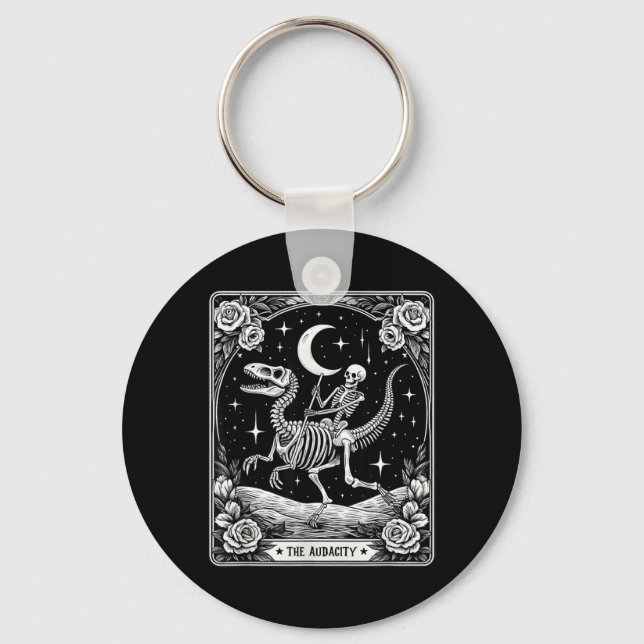 The Audacity Skeleton Riding Dinosaur Tarot Card Keychain (Front)