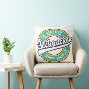 The Bahamas Backpacker World Traveller retro logo. Throw Pillow