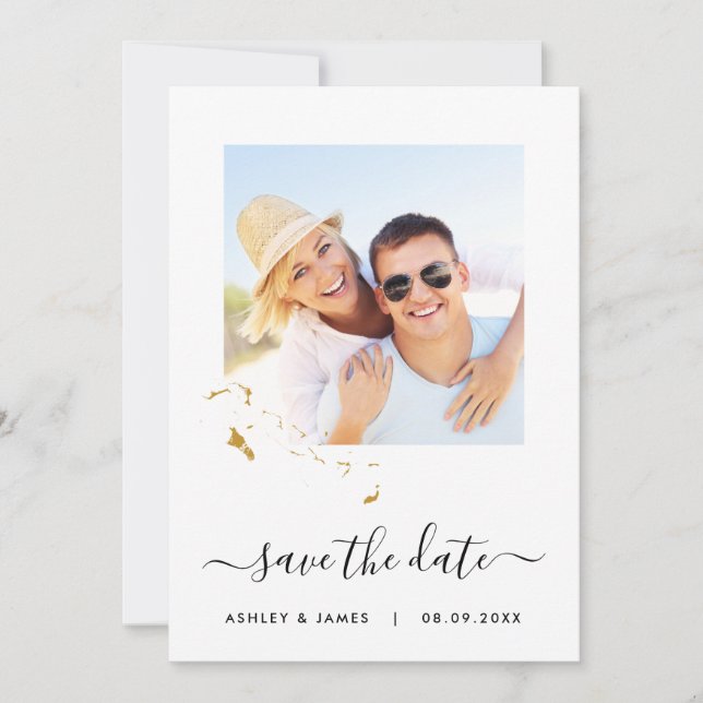 The Bahamas Map Photo Wedding Save the Date Card (Front)