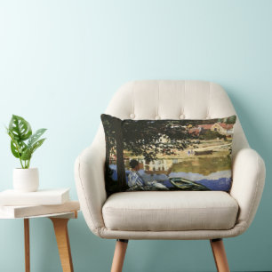 The Bank of the Seine, Bennecourt by Claude Monet Lumbar Pillow