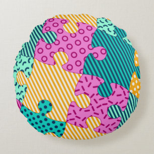 The banner with geometric puzzles, Memphis backgro Round Pillow