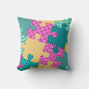 The banner with geometric puzzles, Memphis backgro Throw Pillow