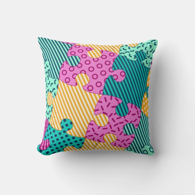 The banner with geometric puzzles, Memphis backgro Throw Pillow (Front)