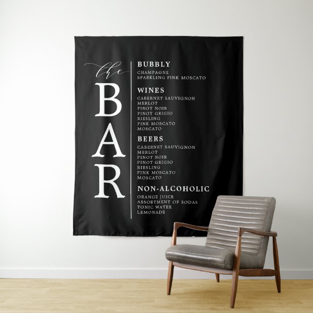 The Bar Black White Classic Wedding Bar Menu Sign  Tapestry (In Situ)