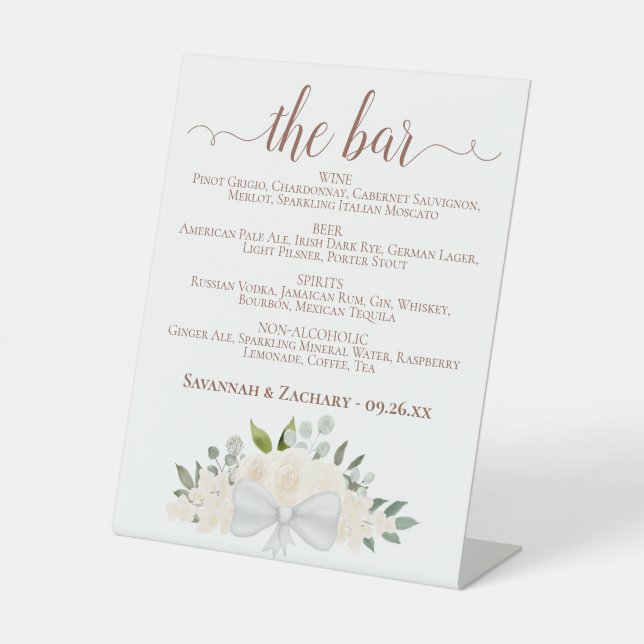 The Bar - Blush Peach Floral Drinks Menu Wedding Pedestal Sign (Front)