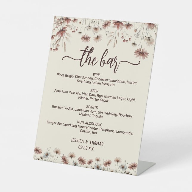The Bar Boho Chic Wildflowers Wedding Drinks Menu Pedestal Sign (Front)