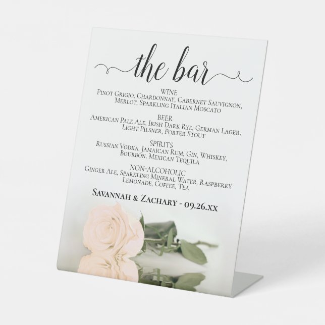 The Bar - Elegant Peach Rose Drinks Menu Wedding Pedestal Sign (Front)