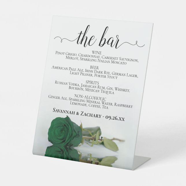 The Bar - Emerald Green Rose Drinks Menu Wedding Pedestal Sign (Front)