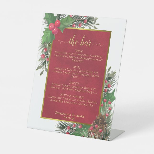 The Bar Holly & Pine Holiday Wedding Drinks Menu  Pedestal Sign (Front)