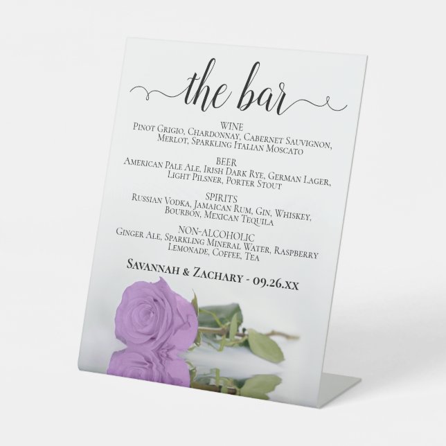 The Bar - Lilac Purple Rose Drinks Menu Wedding Pedestal Sign (Front)