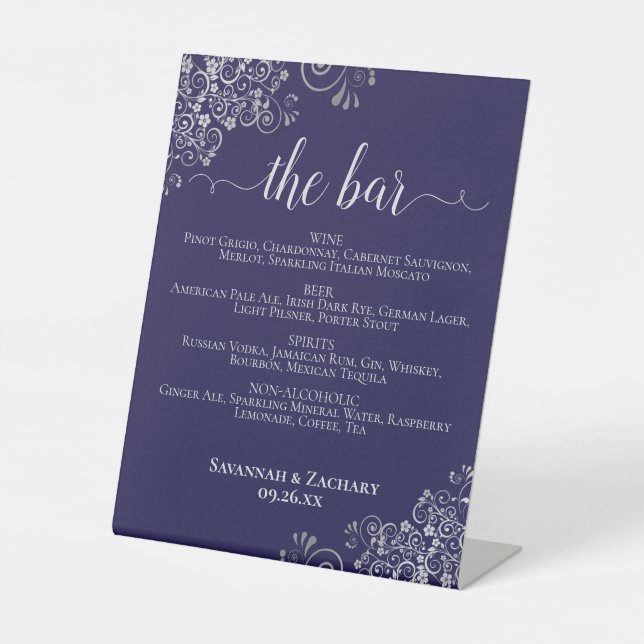 The Bar - Navy Blue & Silver Drinks Menu Wedding Pedestal Sign (Front)