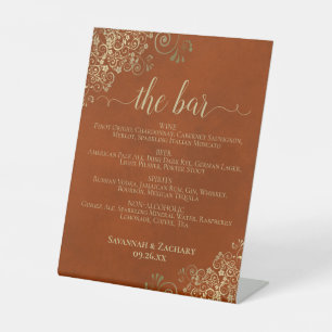 The Bar - Rust Orange & Gold Drinks Menu Wedding Pedestal Sign
