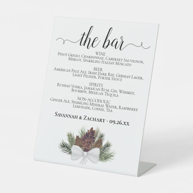 The Bar - Rustic Pinecones Drinks Menu Wedding Pedestal Sign (Front)
