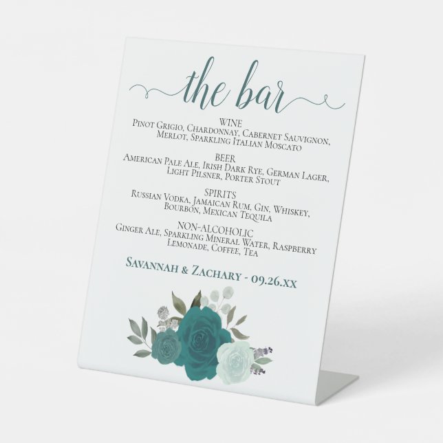 The Bar - Teal & Aqua Roses Drinks Menu Wedding Pedestal Sign (Front)